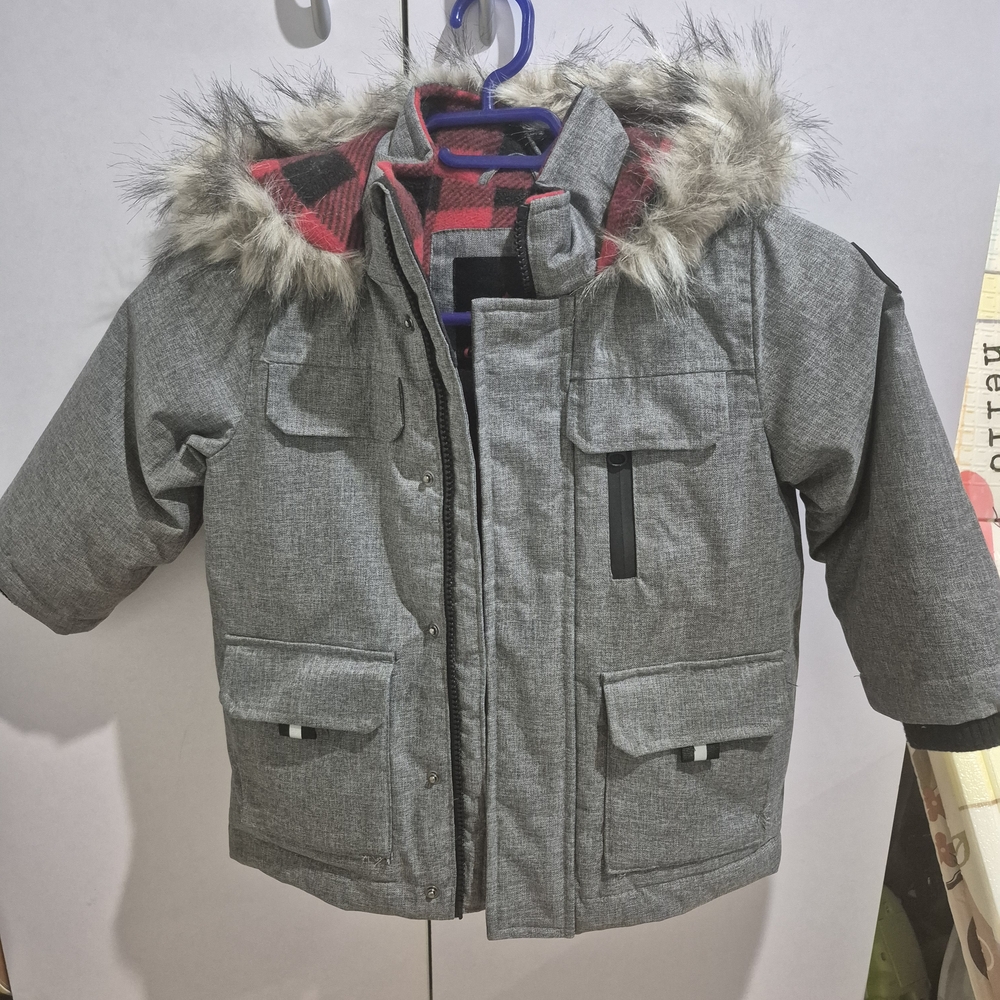Gray Kids Parka with Faux Fur Trim
